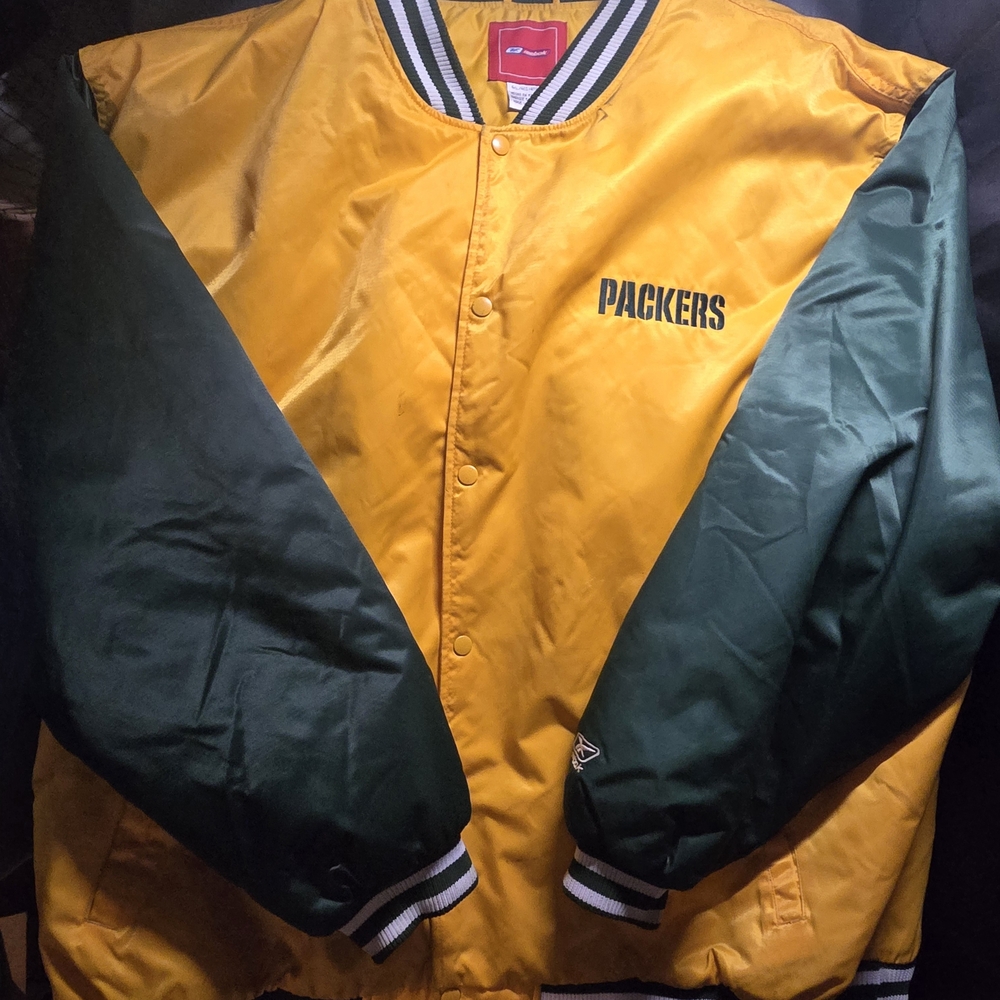 Vintage Reebok NFL Green Bay Packers Yellow Satin Varsity Embroidered Jacket 4XL